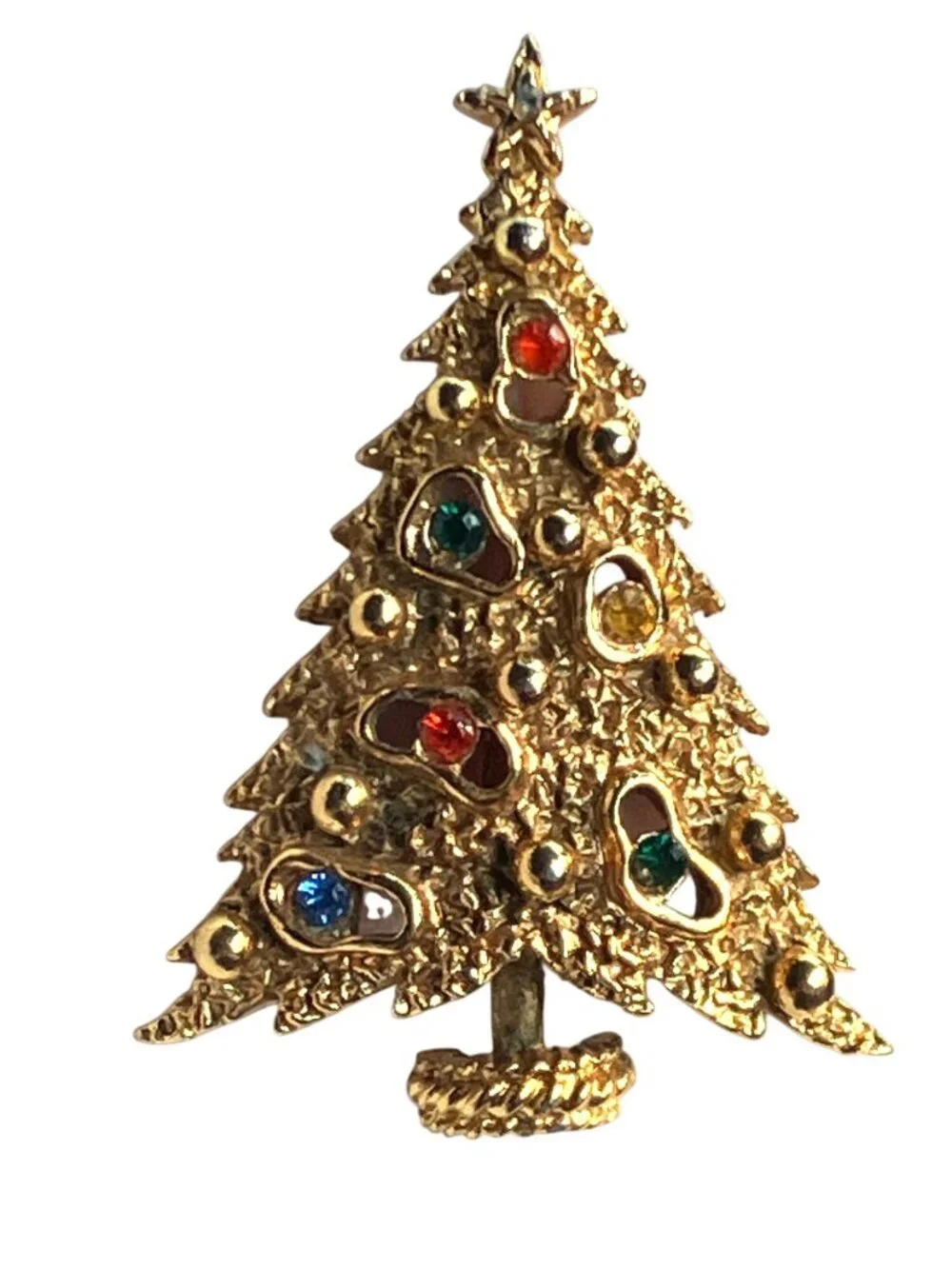 Gold Tone Christmas Tree Pin Brooch Multicolor Rhinestones Star Accent Signed
